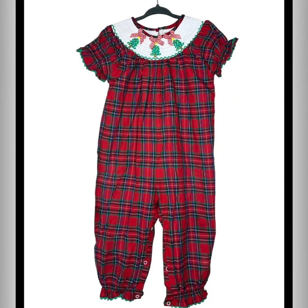 Red and Green Tartan Plaid Christmas Tree Smocked Plays size 2T